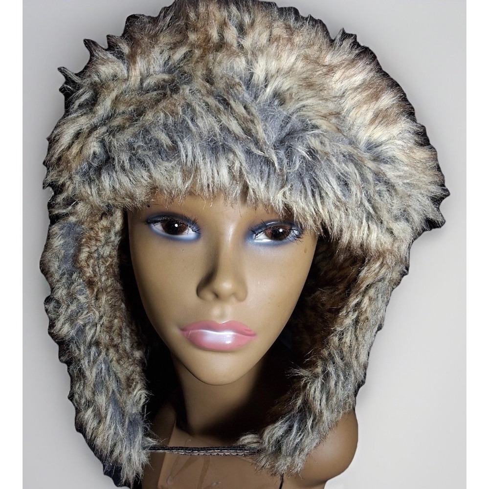 Brown Faux Leather Aviator Trapper Hat Faux Fur Lined Pilot Bomber Cap Womens